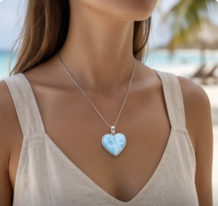 Blue Angel's Heart amazing quality natural Larimar .925 Sterling Silver handmade pendant - Heart-shaped Larimar necklace worn around neck, front view.