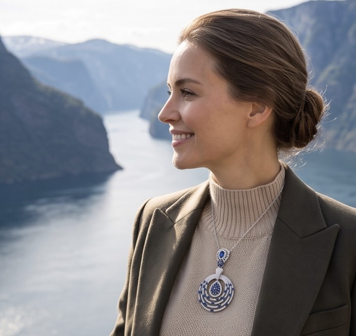 Precious 7.2 carat natural Sapphire rhodium over .925 Sterling Silver .925 Sterling Silver Statement Necklace - Side view of woman wearing sapphire pendant necklace by fjord.