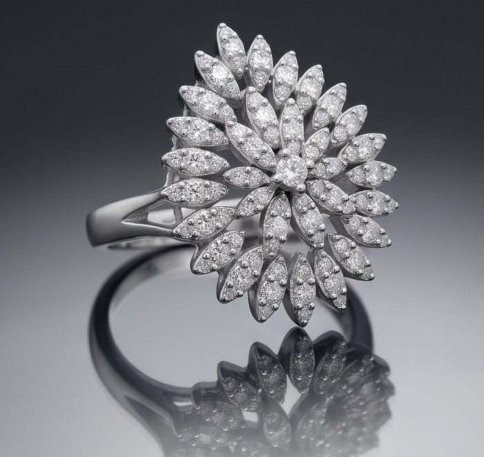 Real Beauty - asscher cut 8.5 carat White Topaz .925 Sterling Silver Handcrafted Statement Ring size 8 - Floral diamond ring with intricate petal design, side view.