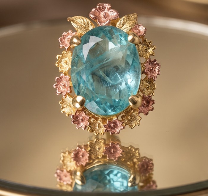 Luxurious 31.6 carat Apatite from Kenya 2 tones 18K Gold over .925 Sterling Silver handmade Pendant - Close-up of a 31.6 carat Apatite ring with 18K gold floral design