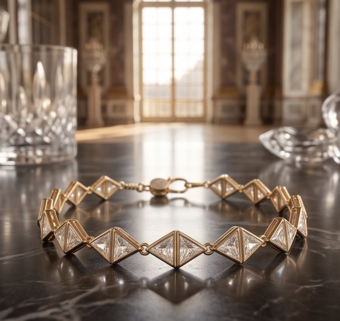 Vittoria Natural 12.8 carat White Topaz 18K Gold over .925 Sterling Silver handmade Statement Bracelet - Close-up of Vittoria bracelet on table, gold with white topaz stones.