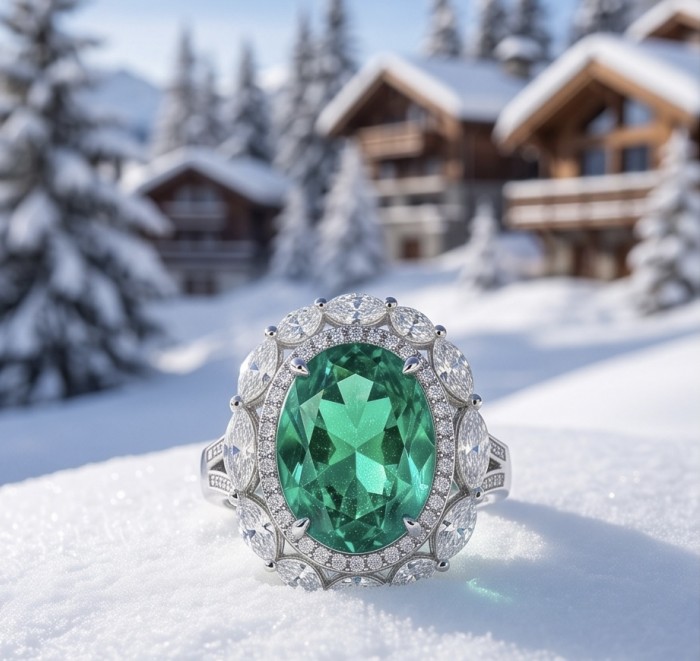Precious 12.2 CARAT Colombian Emerald .925 Sterling Silver Statement Ring s. 7 1/4 - Close-up of Colombian emerald ring in snowy mountain setting.