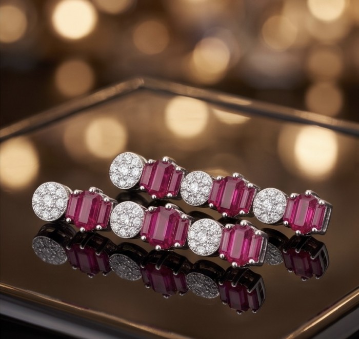 Art Deco - Giovanna - Magnificent Jewel 2.7 carat Ruby .925 Sterling Silver handcrafted incredible earrings - Close-up of Art Deco earrings with rubies and diamonds.