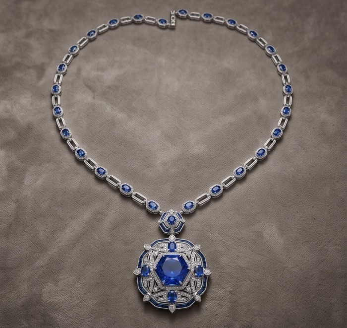 Art Deco - Pacifica - 88.4 carat Sapphire Enamel .925 Sterling Silver handmade Statement necklace; 24 inches long - Art Deco necklace with sapphire, front view on textured surface