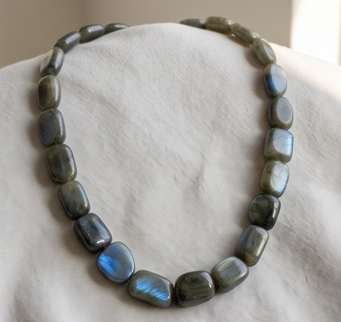 Blue Cascade Genuine Labradorite .925 Sterling Silver handcrafted Necklace - Labradorite necklace close-up on white fabric background.