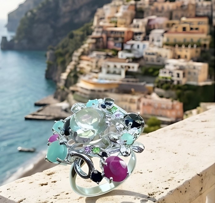 Isabel Authentic 18.7 carat Green Amethyst rhodium over .925 Sterling Silver handcrafted Statement Ring size 9 - Ornate ring with green amethyst, scenic background, close-up view.