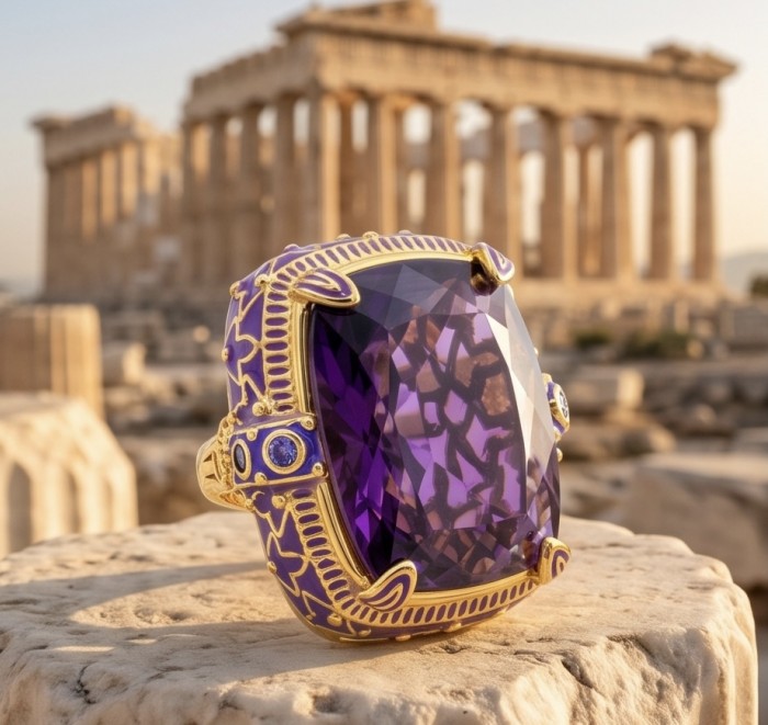 The Spirit of Athens 27.5 CARAT Amethyst Enamel .925 Sterling Silver dipped in 18K Gold Handcrafted Ring size 7 - Close-up of amethyst ring with Parthenon backdrop.