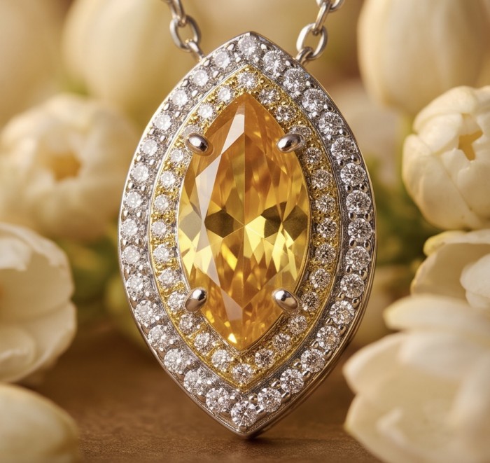 Luxurious marquise cut 10.5 carat Yellow Sapphire rhodium over .925 Sterling Silver handcrafted necklace - Yellow sapphire pendant close-up surrounded by diamonds.