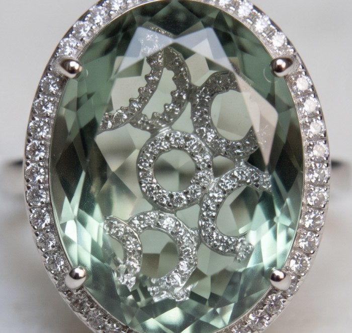 Mystery 22.5 carat Grandidierite .925 Sterling Silver Handcrafted Ring size 7 1/4 - Close-up of Grandidierite gemstone ring with diamond accents.