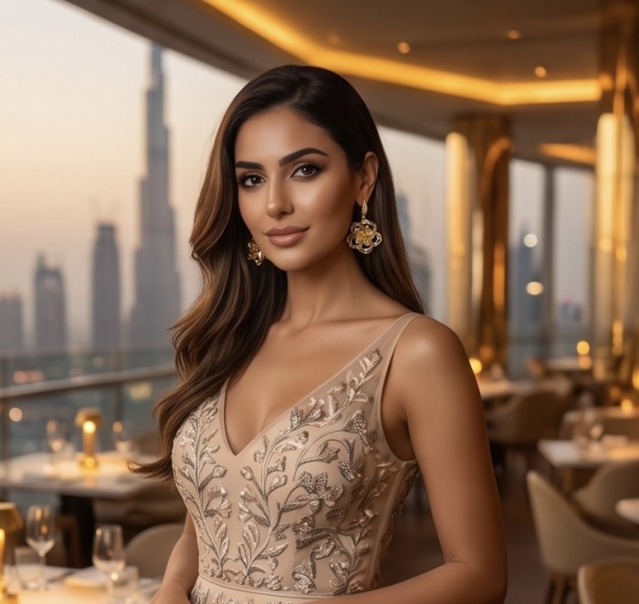 Golden Roses Dubai Style - .925 Sterling Silver dipped in 22K Gold handmade Earrings - Woman wearing Golden Roses earrings in elegant setting, Dubai skyline.