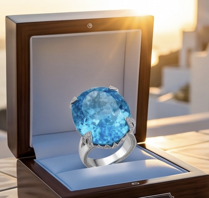 The Ocean Empress 45.8 carat Swiss Blue Topaz rhodium over .925 Sterling Silver dipped in rhodium handcrafted ring size 6 - Swiss Blue Topaz ring in box, front view, sunlight background.