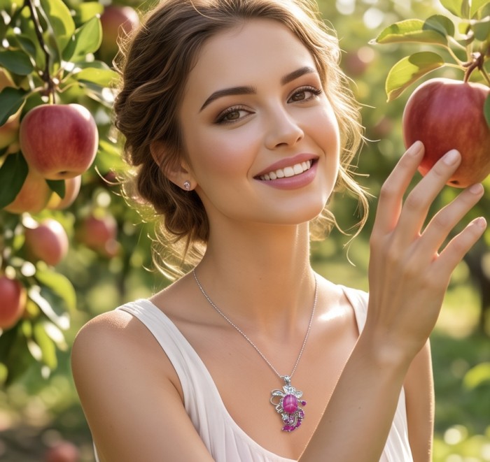 Emily 4.5 carat Ruby rhodium over .925 Sterling Silver handcrafted Pendant - Woman wearing Emily 4.5 carat Ruby pendant outdoors