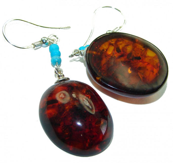 Baltic Polish Amber Turquoise .925 Sterling Silver Earrings - photo 1