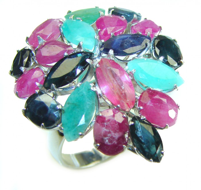 Carmen - Precious Natural 32.5 carat Ruby Emerald Sapphire .925 Sterling Silver handcrafted.925 Silver handcrafted Cocktail Ring s. 8 3/4 - photo 2