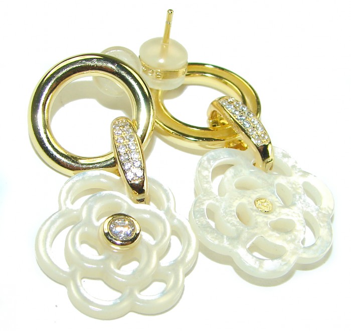 Genuine Blister Pearl 0.3 carat lab grown Diamond 18K Gold over .925 Sterling Silver handcrafted Statement Earrings - photo 1