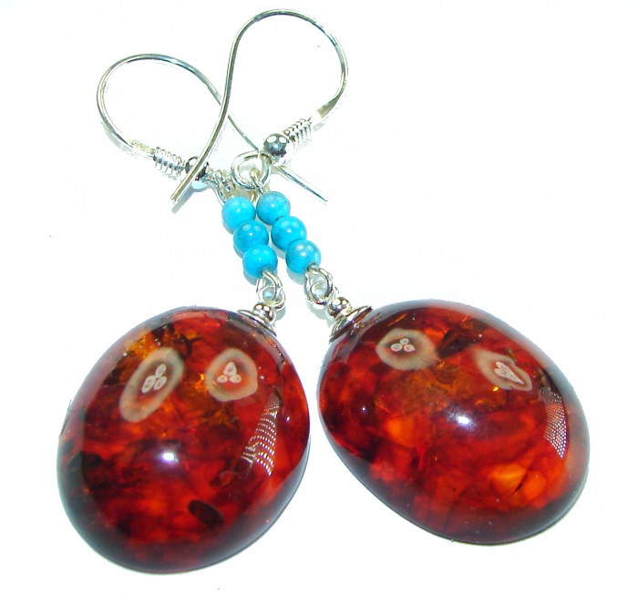Baltic Polish Amber Turquoise .925 Sterling Silver Earrings - photo 3