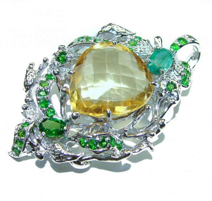 Vintage Design Genuine 18.5 carat Lemon Quartz 9.8 carat Colombian Emerald .925 Sterling Silver handmade Pendant - Brooch - photo 3