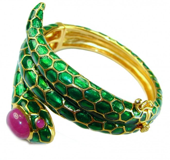 Huge Snake Genuine 8.2 carat natural Kashmir Ruby 18K Gold over .925 Sterling Silver handcrafted Bracelet - photo 2