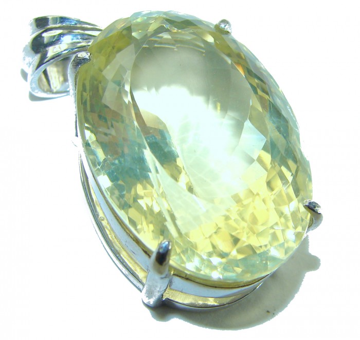 Perfection Oval cut 42.3 carat Lemon Quartz .925 Sterling Silver handcrafted pendant - Close-up of 42.3 carat lemon quartz in .925 sterling silver setting.