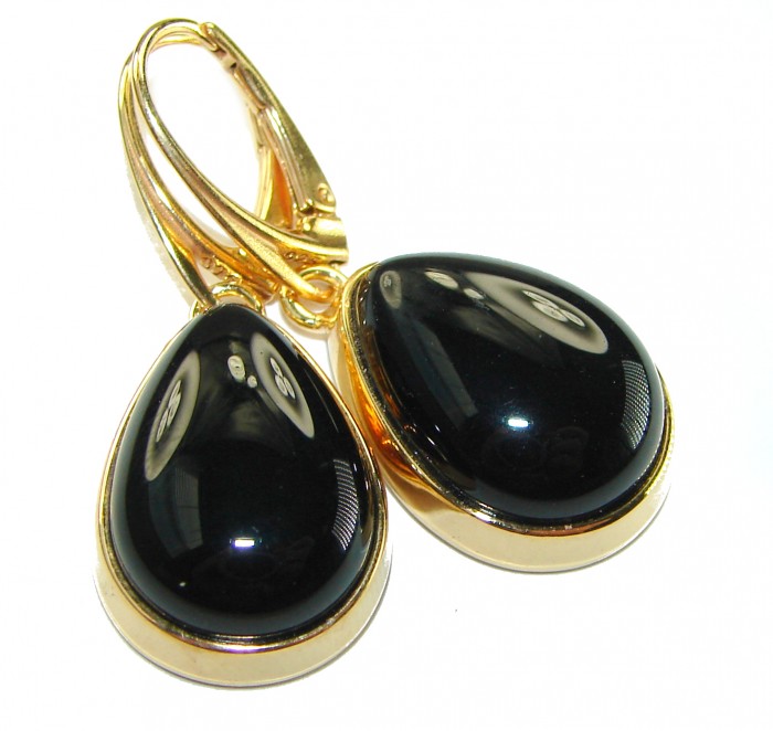 Outstanding authentic Onyx 14K Gold over .925 Sterling Silver Earrings - Close-up of Onyx teardrop earrings in 14K gold over sterling silver.