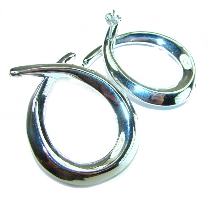 Large 1 5/8 inches long highly polished .925 Sterling Silver Italy made Earrings - Side view of polished 1 5/8 inch .925 sterling silver earrings