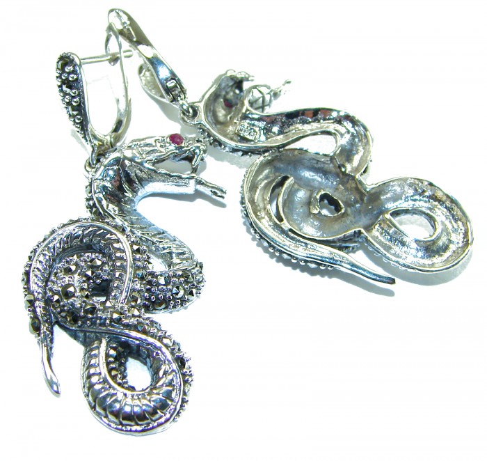 Cobra Snakes Ruby Marcasite .925 Sterling Silver handcrafted Earrings - Cobra snake sterling silver earrings with ruby and marcasite, top angle view.