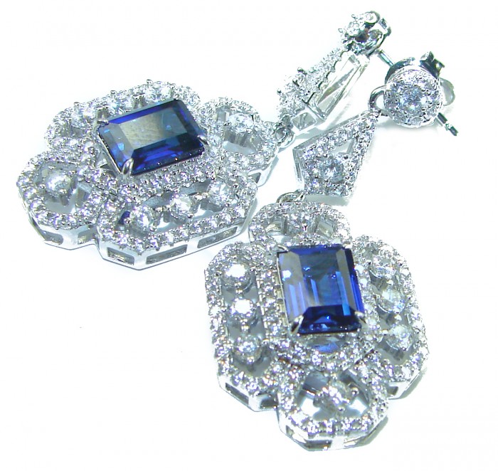 Luxurious 6.5 carat Sapphire White Sapphire .925 Sterling Silver handcrafted Statement earrings - Close-up of luxurious sapphire and white sapphire earrings