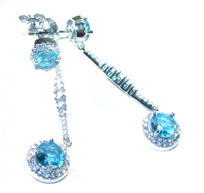 Eau Pure 4.5 carat Swiss Blue Topaz .925 Sterling Silver Handcrafted Earrings - Close-up of Swiss Blue Topaz earrings in sterling silver.