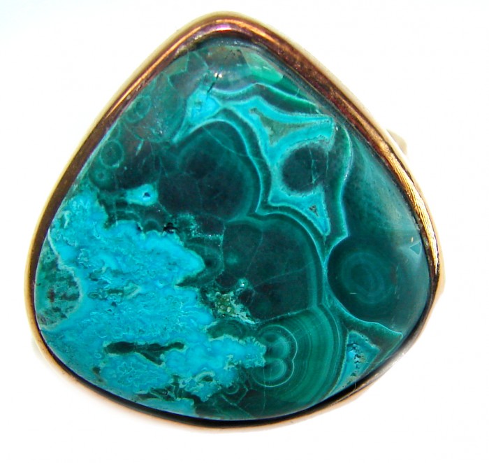 Authentic Parrot's Wing Chrysocolla 18K Gold over .925 Sterling Silver handcrafted ring size 8 adjustable - Chrysocolla ring stone close-up, 18K gold over sterling silver.