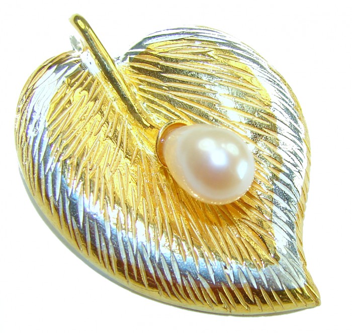 Natural Leaf Pearl 14K Gold over .925 Sterling Silver handmade - Leaf-shaped brooch with pearl, gold over silver, close-up detail.