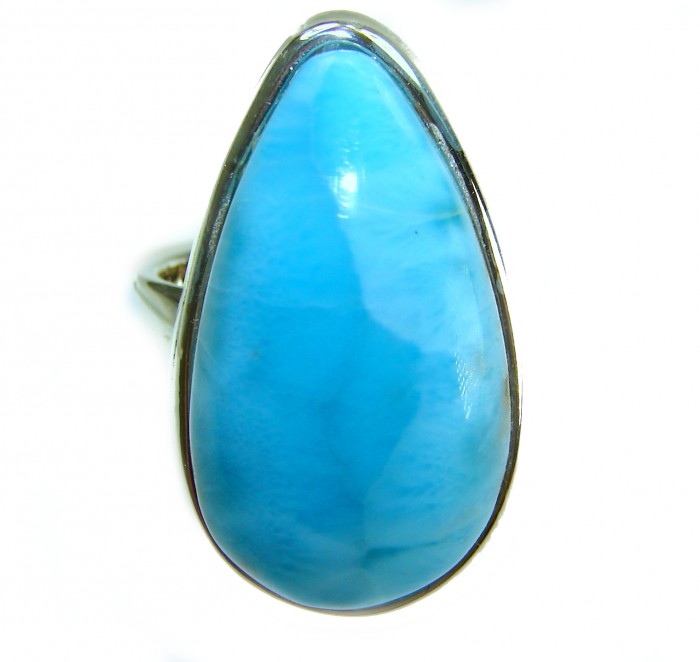 Blue Dreamer authentic Larimar .925 Sterling Silver handmade Large Solid ring size 7 adjustable - Close-up of Blue Dreamer Larimar ring set in .925 Sterling Silver.