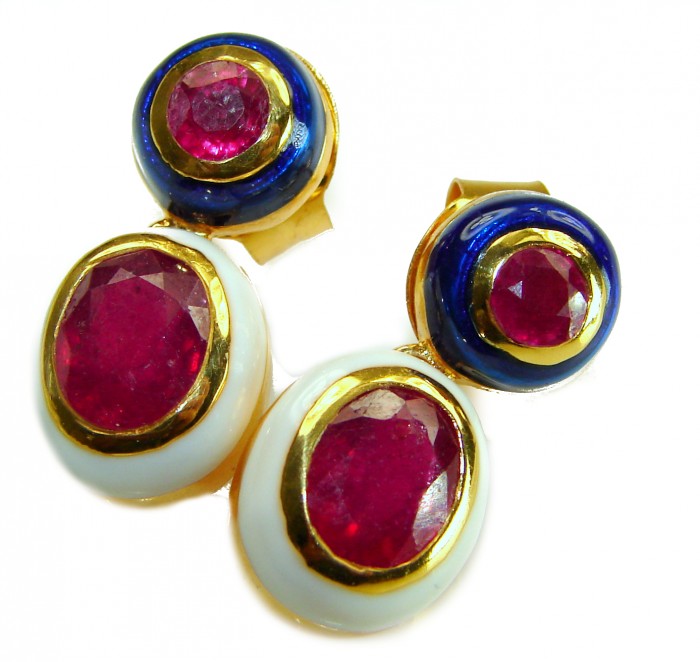 Countless Blessings Genuine 4.5 carat Authentic Ruby enamel 18K Gold over .925 Sterling Silver handcrafted earrings - Ruby earrings close-up with blue and white enamel accents