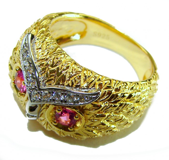 Owl Garnet Eyes .925 Sterling Silver dipped in real Gold handmade Ring size 7 1/4 - Gold owl ring with garnet eyes, side view close-up.