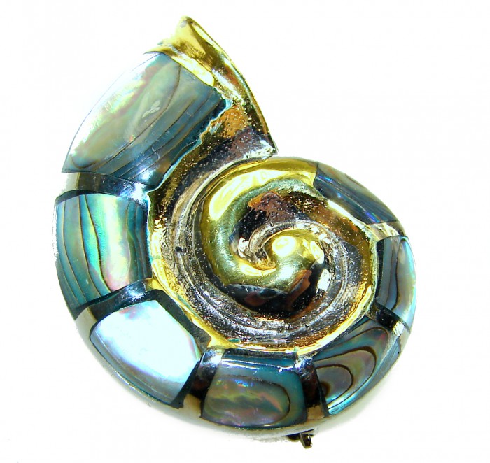 Gift of the Sea Natural Rainbow Abalone 18K Gold over .925 Sterling Silver handmade Pendant - Close-up of spiral abalone shell pendant with gold accents.