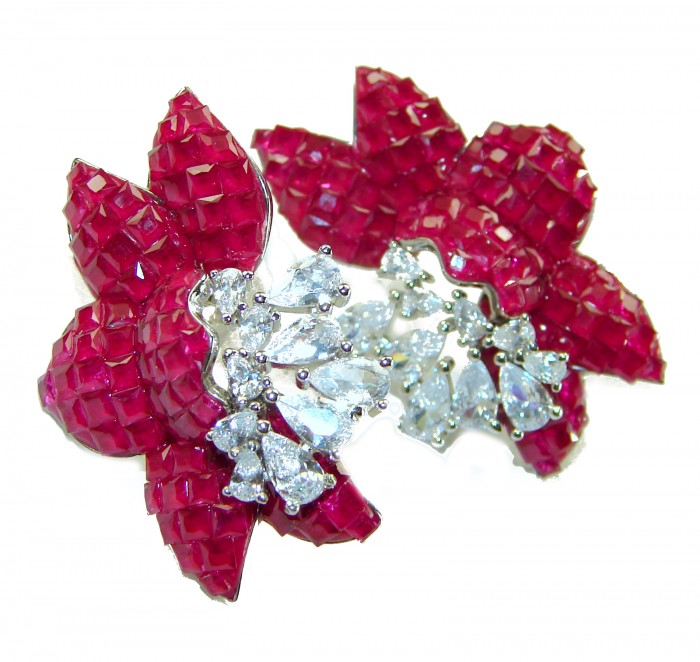Magnificent Jewel 15.5 carat Ruby .925 Sterling Silver handcrafted incredible earrings - Ruby sterling silver earrings, close-up, showing intricate details.