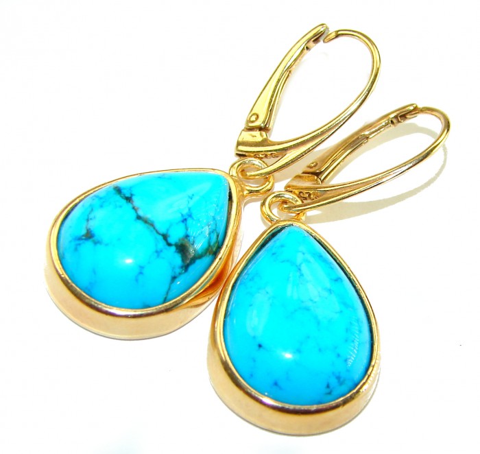 Great authentic Sleeping Beauty Turquoise 18K Gold over .925 Sterling Silver handcrafted Earrings - Close-up of Sleeping Beauty Turquoise gold earrings clasp detail.