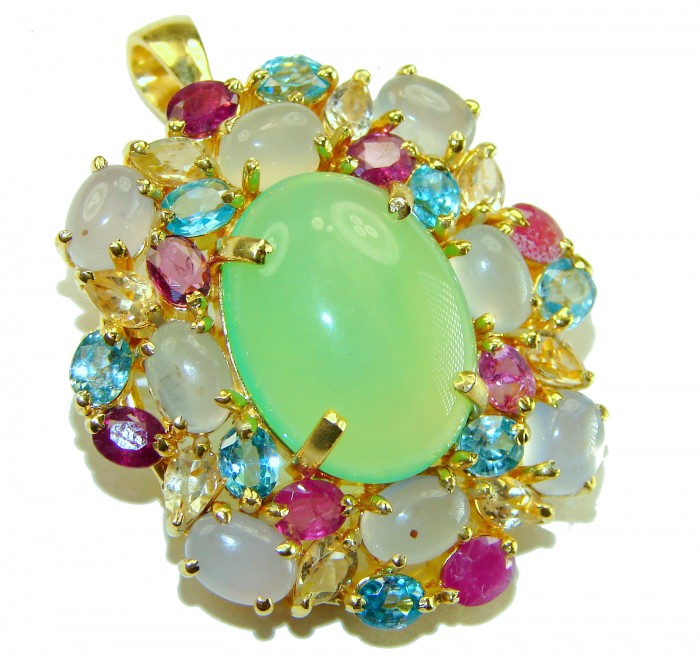 Blooming Love - Exquisite Green Chrysophrase 18K Gold over .925 Sterling Silver handmade Pendant - Close-up of Blooming Love pendant with green chrysoprase and colorful gems.