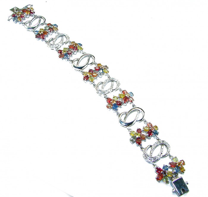 Maria - Magnificent 62.5 carat Golden - MULTICOLOR Sapphire .925 Sterling Silver handcrafted Bracelet - Multicolor sapphire bracelet, top view showing design and clasp.
