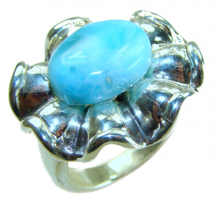 Blue Flower AAAA QUALITY Blue Larimar .925 Sterling Silver handmade Large ring size 7 - Close-up of blue larimar stone set in sterling silver flower ring.