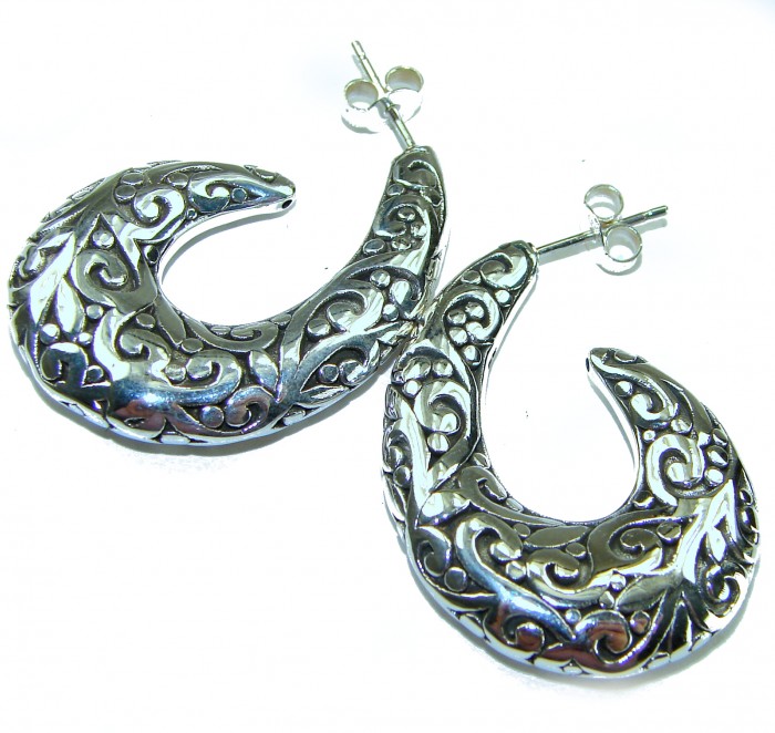 1 5/8 inches long - Free Spirit bohemian Style .925 Sterling Silver handmade Bali made Oversized Earrings - Ornate crescent earrings, side view, intricate silver design.