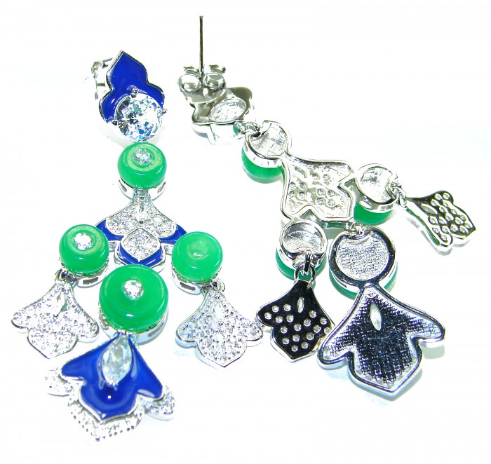 Art Deco - 8.8 carat Jade coral lapis lazuli enamel .925 Sterling Silver handmade Statement LONG Earrings - Colorful Art Deco earrings, front view, featuring jade and lapis lazuli.