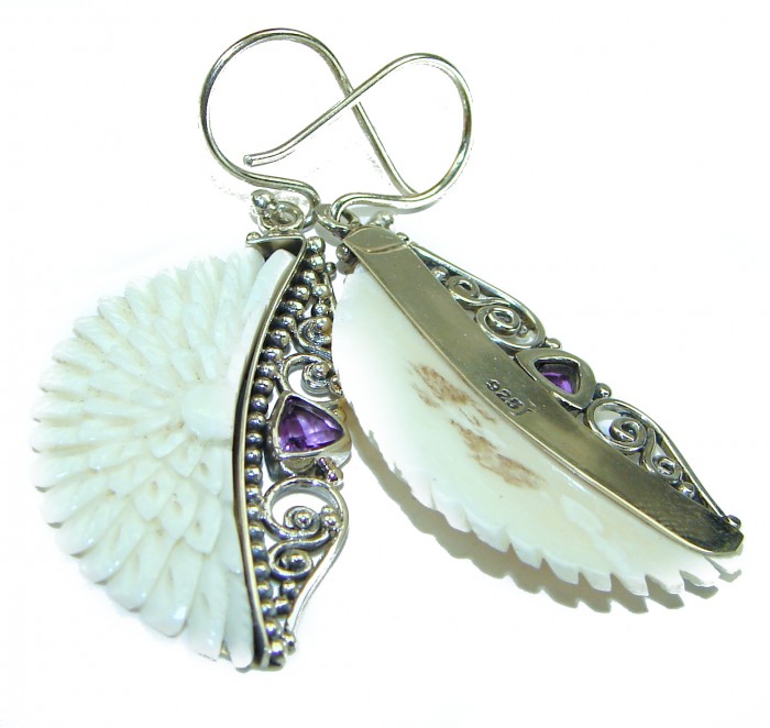 Moonface natural carved Bone .925 Sterling Silver earrings - Side view of Moonface carved bone earrings with silver and amethyst detail