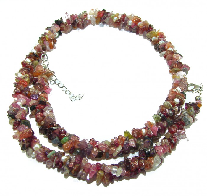 Infinity authentic 109.5 carat Brazilian Tourmaline .925 Sterling Silver handcrafted necklace - Tourmaline chip necklace against white background, close-up view