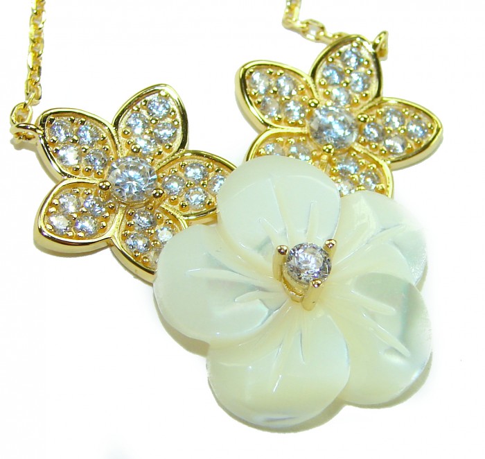 Precious natural creamy Blister Pearl 2.2 carat Whiet Sapphire 14K Gold over .925 Sterling Silver Necklace - Close-up of flower-shaped necklace with pearls and sapphires.