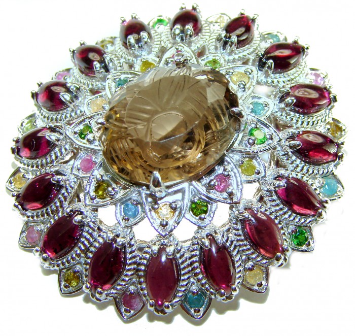 Authentic 45.5 carat carved Smoky Topaz Garnet .925 Sterling Silver handmade Statement Pendant and Brooch - Smoky Topaz Garnet sterling brooch, top view close-up of stones.