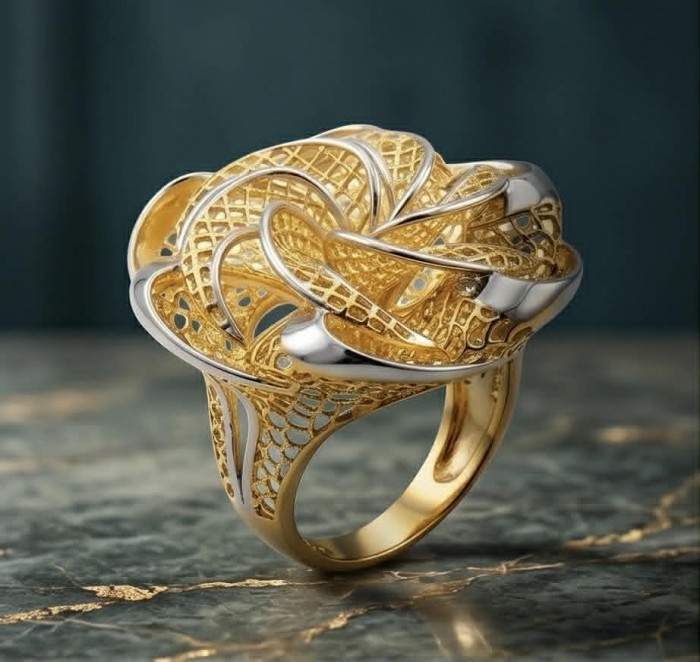 Dubai Style - .925 Sterling Silver dipped in 22K Gold handmade Large ring size 6 - Side view of intricate gold-plated sterling silver ring on marble surface.