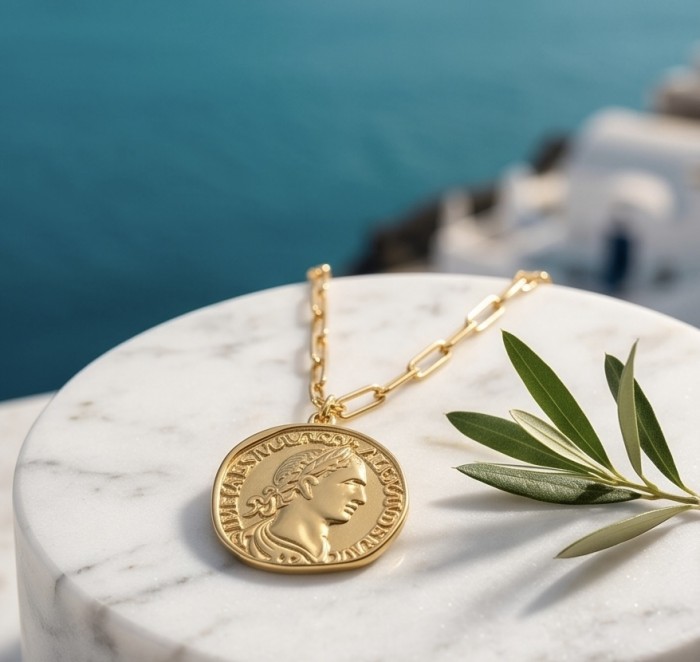 Ave Caesar - Vintage Style Coin .925 Sterling silver and plated with 14K Gold handcrafted necklace - Coin necklace on marble table with sea view and olive leaves.