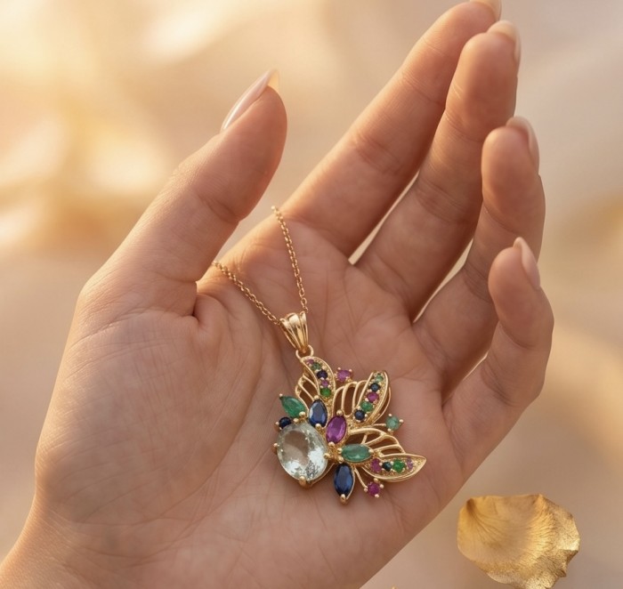 Mademoiselle - 10.2 carat Green Amethyst 18K Gold over .925 Sterling Silver handcrafted Pendant - Gold necklace with colorful stones held in hand, front view.