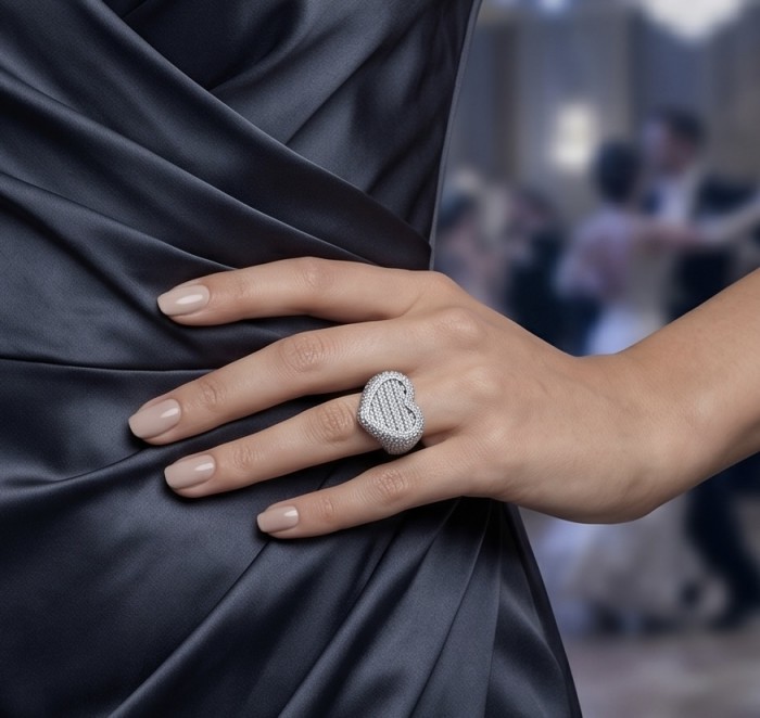Art Deco Precious Heart - 10.5 carat White Sapphire .925 Sterling Silver Handcrafted Statement Ring size 8 - Heart-shaped white sapphire ring worn on hand in elegant setting