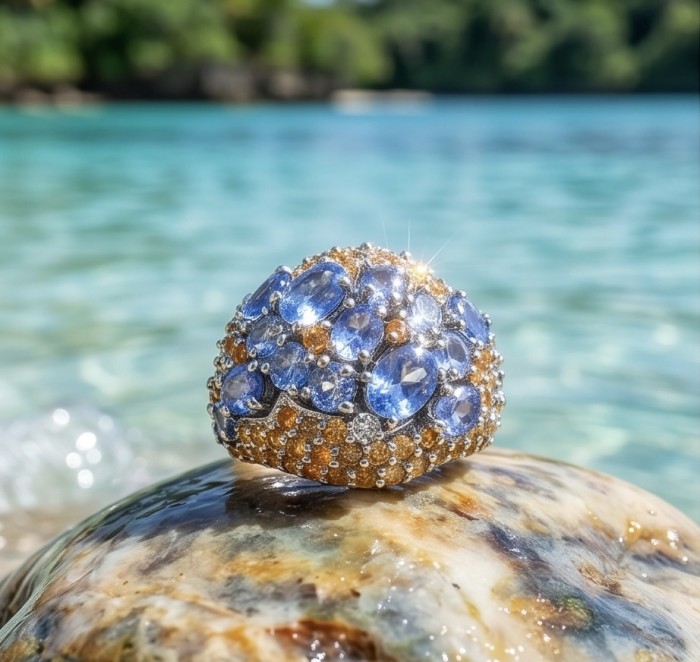 Born to Glam 5.2 carat natural Tanzanite .925 Sterling Silver Perfectly handcrafted Ring s. 8 - Close-up of gemstone ring on a rock by the sea
